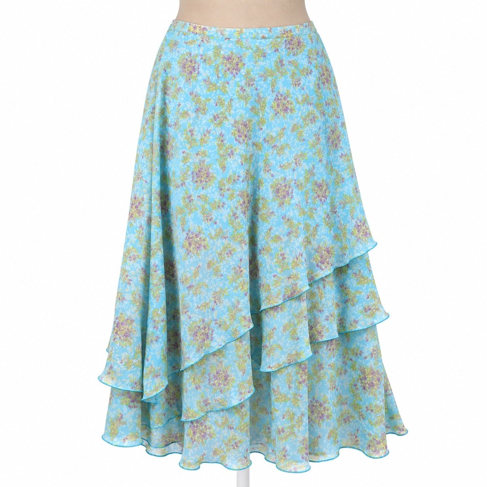 Vintage Y2K Floral Fairy Tiered Maxi Skirt Size 12 Blue Asymmetrical Cottagecore